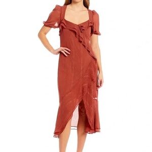 NWT Wayf Metallic Square Neck Puff Sleeve Open Back Ruffle Midi Dress